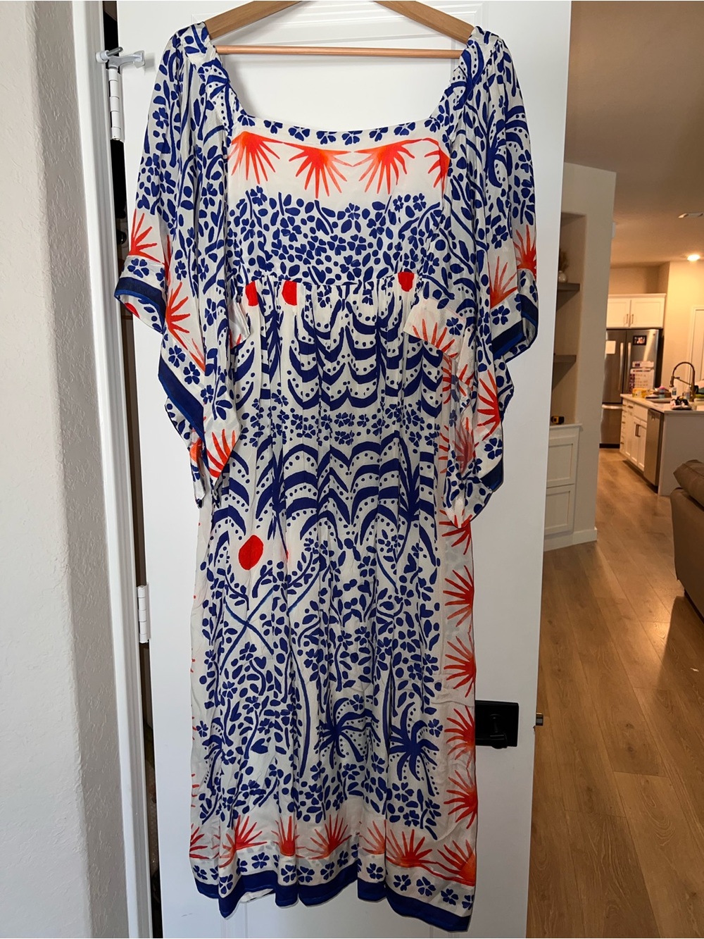 FARM Rio Cream Midi Dress with Blue Floral and Orange Accents - Picture 1 of 6